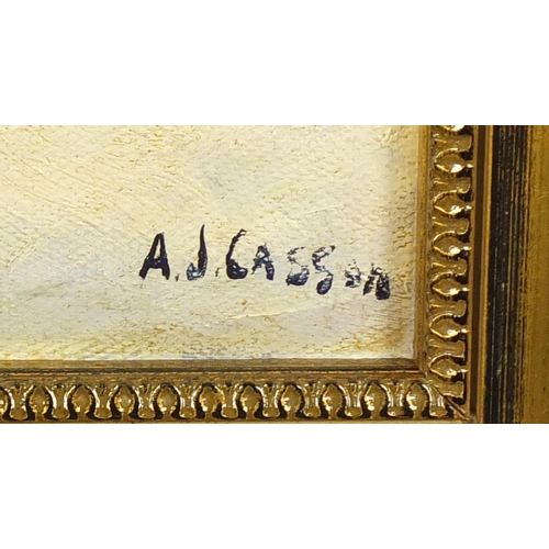 2133 - Manner of Alfred Joseph Casson - Snowy town scene, Canadian school oil on board, framed, 49cm x 29cm