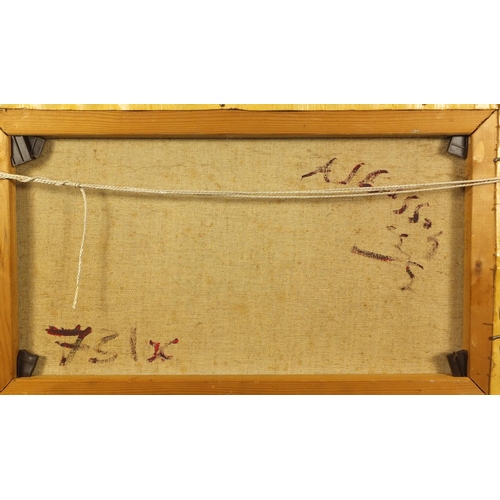 2133 - Manner of Alfred Joseph Casson - Snowy town scene, Canadian school oil on board, framed, 49cm x 29cm