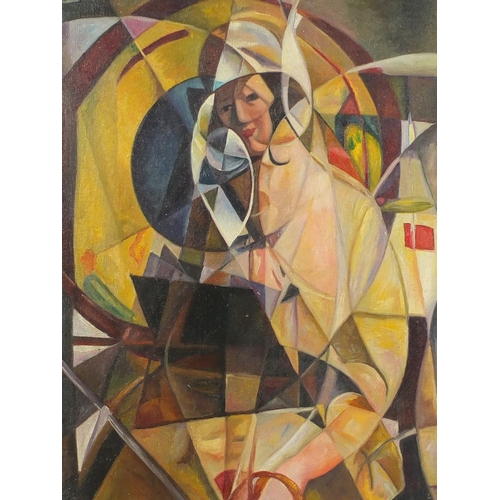 2234 - Abstract composition, cubist figure, French school oil, bearing an inscription A L Hote verso, frame... 