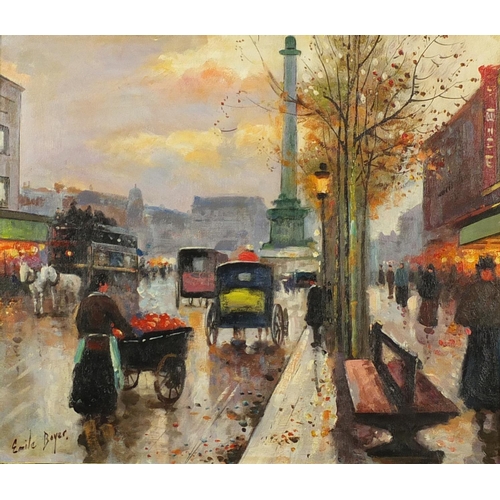 2162 - Manner of Emile Boyer - Parisian street scene, oil on board, framed, 39cm x 34cm