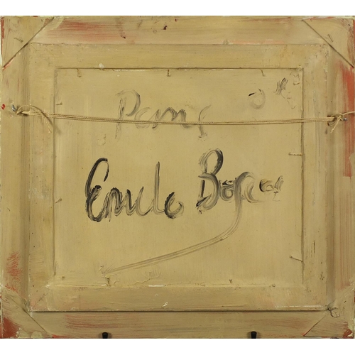 2162 - Manner of Emile Boyer - Parisian street scene, oil on board, framed, 39cm x 34cm