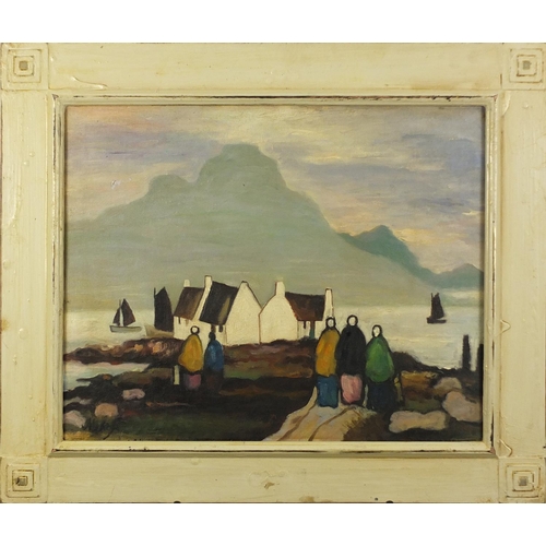 2232 - After Markey Robinson - Figures before buildings and water, Irish school oil on board, framed, 49.5c... 