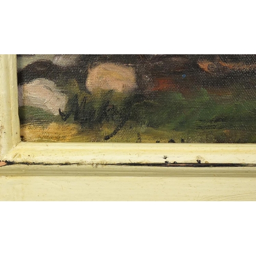 2232 - After Markey Robinson - Figures before buildings and water, Irish school oil on board, framed, 49.5c... 