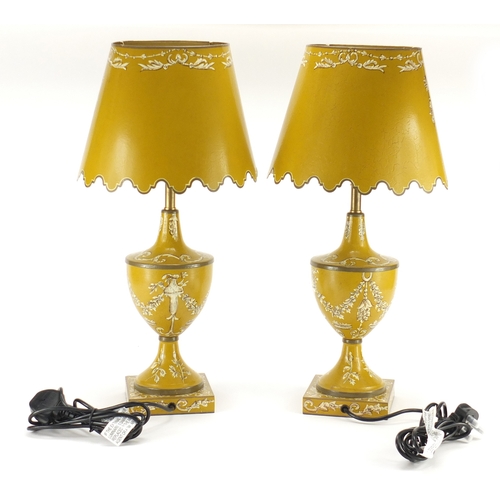 2016 - Pair of Toleware lamps with shades, each hand painted with panels of figures and foliate motifs, eac... 