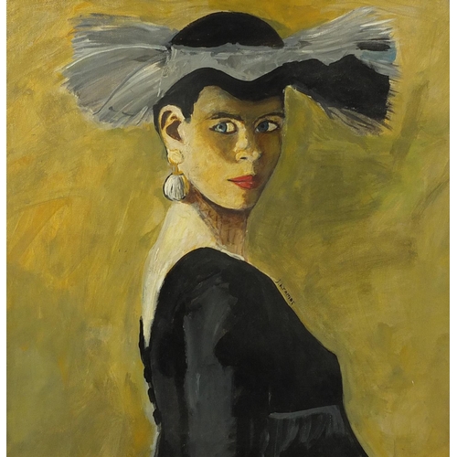 2235 - Portrait of an Art Deco female, oil on board, bearing a signature J Kramer, 39cm x 39cm