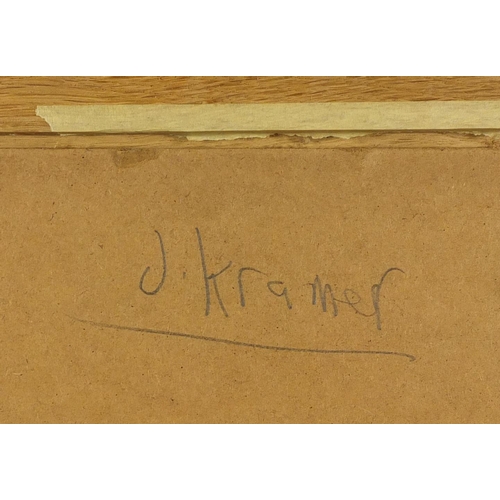 2235 - Portrait of an Art Deco female, oil on board, bearing a signature J Kramer, 39cm x 39cm