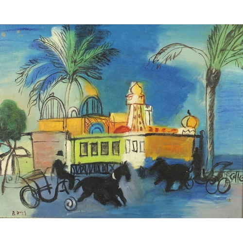 2131 - Continental buildings with figures in horse drawn carts, oil on board, bearing a signature R Dufy, f... 