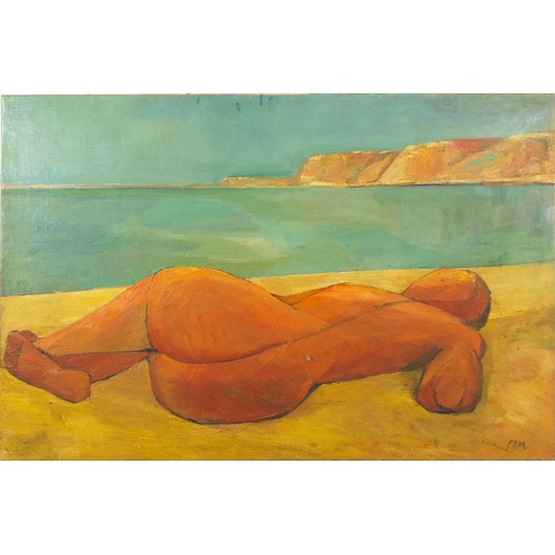 2031 - Manner of Elisabeth Frink - Nude female on a beach, oil on canvas, unframed, 91.5cm x 61.5cm