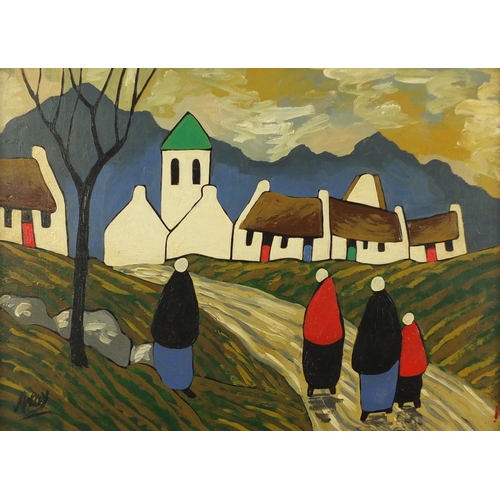 2134 - After Markey Robinson - Figures before buildings and mountains, Pair of Irish school oil on boards, ... 