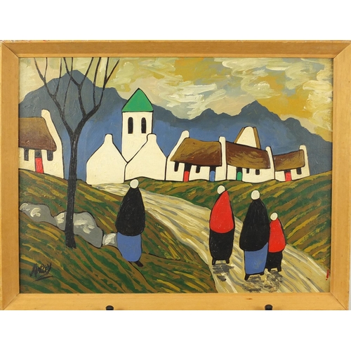 2134 - After Markey Robinson - Figures before buildings and mountains, Pair of Irish school oil on boards, ... 