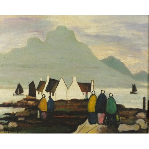 2165 - After Markey Robinson - Figures before cottages and water, Irish school oil on board, framed, 49cm x... 