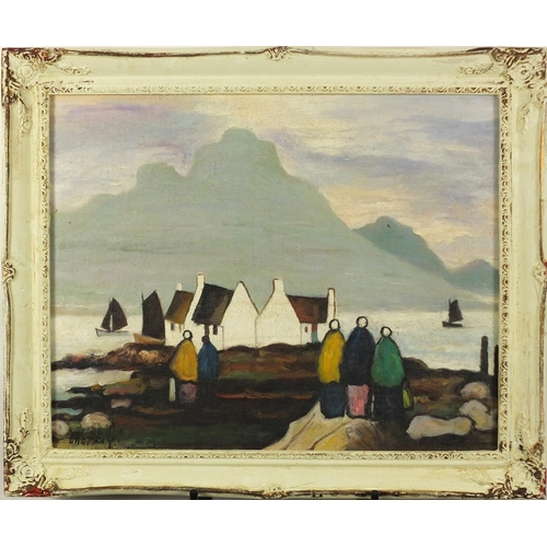 2165 - After Markey Robinson - Figures before cottages and water, Irish school oil on board, framed, 49cm x... 