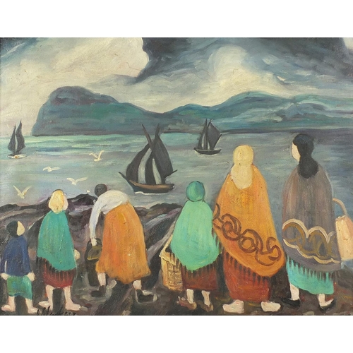 2132 - After Markey Robinson - Figures beside water, Irish school oil on board, framed, 49.5cm x 39.5cm