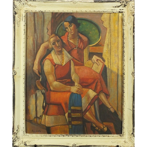 2088 - Two figures in an interior, French impressionist oil on board, bearing a signature A L Hote framed, ... 
