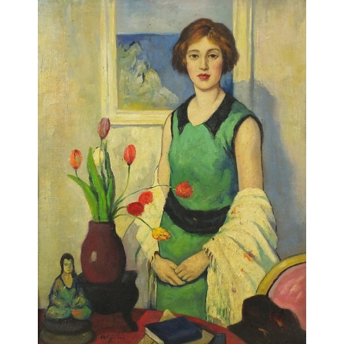 2027 - Manner of William George Gillies - Female in an interior with flowers in a vase, Scottish colourist ... 