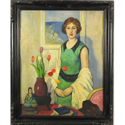 2027 - Manner of William George Gillies - Female in an interior with flowers in a vase, Scottish colourist ... 