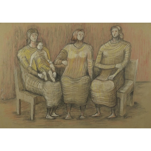 2230 - Figures in an interior, mixed media, bearing a signature Moore, framed, 61cm x 43cm