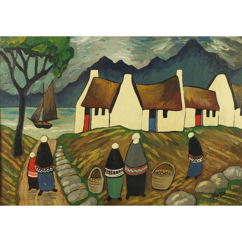 2087 - After Markey Robinson - Figures before cottages and water, Irish school oil on board, framed, 55cm x... 