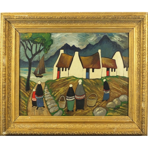 2087 - After Markey Robinson - Figures before cottages and water, Irish school oil on board, framed, 55cm x... 