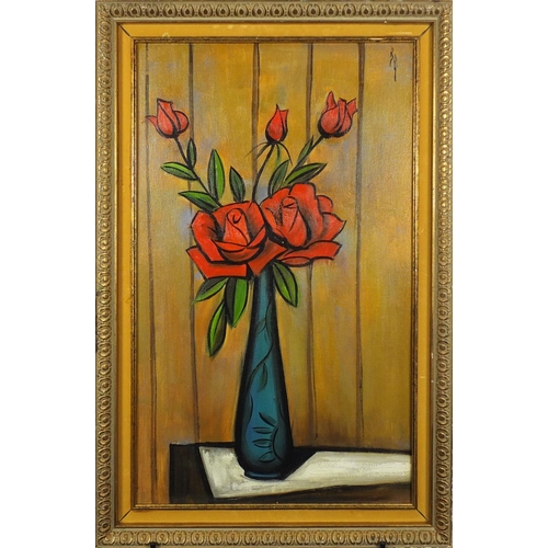 2329 - Manner of Bernard Buffet - Still life flowers in a vase, oil on board, framed, 73cm x 44cm