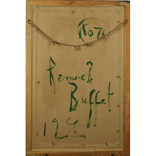 2329 - Manner of Bernard Buffet - Still life flowers in a vase, oil on board, framed, 73cm x 44cm