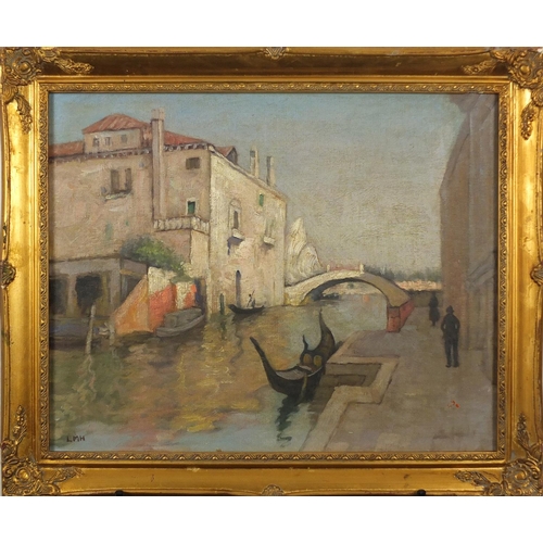 2457 - Venetian canal, oil on board, bearing a monogram LMH, framed, 48.5cm x 38cm
