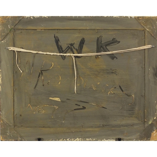 2238 - Abstract composition, Russian school oil on board, bearing an inscription verso, framed, 38.5cm x 28... 
