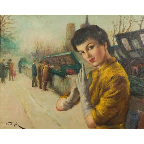 2159 - Female on a sidewalk, oil on board, bearing a signature Fried Pal, framed, 49cm x 39cm