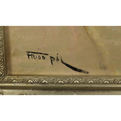 2159 - Female on a sidewalk, oil on board, bearing a signature Fried Pal, framed, 49cm x 39cm