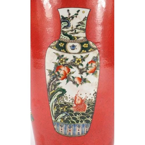 2047 - Chinese porcelain Rouleau vase, hand painted in the famille verte palette with vases, brush pot and ... 