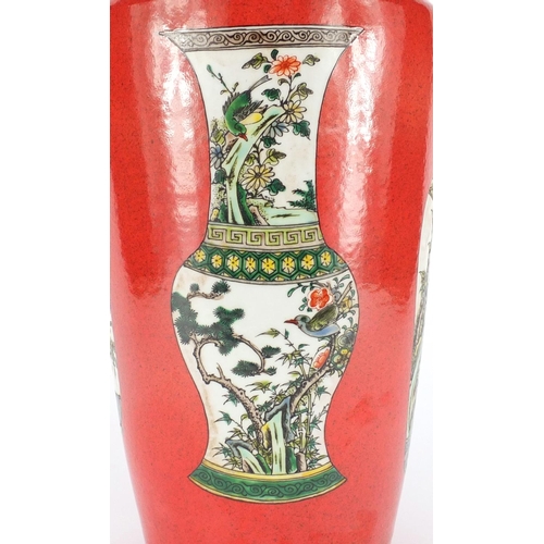 2047 - Chinese porcelain Rouleau vase, hand painted in the famille verte palette with vases, brush pot and ... 