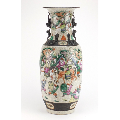 2076 - Large Chinese crackle glazed vase with twin handles, finely hand painted in the famille verte palett... 