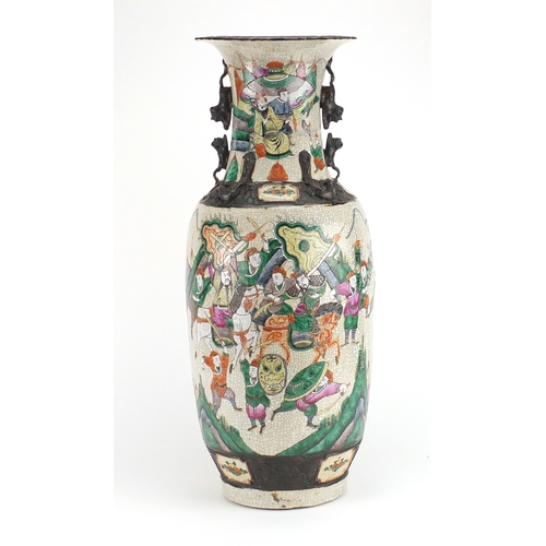 2076 - Large Chinese crackle glazed vase with twin handles, finely hand painted in the famille verte palett... 
