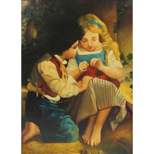 2556 - Two young children knitting, Italian school oil on board, bearing a signature A Rossi, framed, 55.5c... 