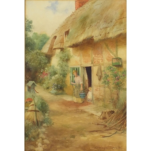 2557 - Alfred Montague Rivers - Mother with child by thatched cottage, Near Shefford, watercolour, mounted ... 