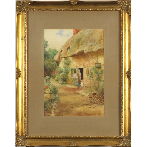 2557 - Alfred Montague Rivers - Mother with child by thatched cottage, Near Shefford, watercolour, mounted ... 