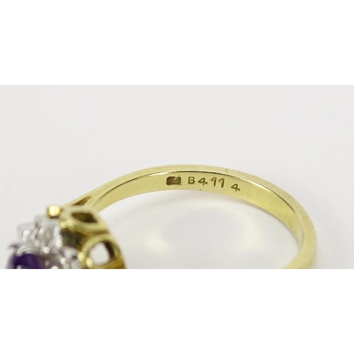 2580 - 18ct gold amethyst and diamond ring, size M, 3.7g