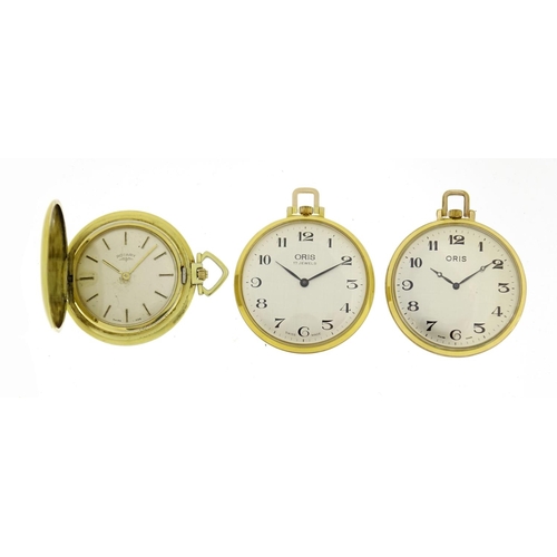 2587 - Two gold plated Oris pocket watches and a Rotary full hunter pocket watch, each 4.5cm in diameter