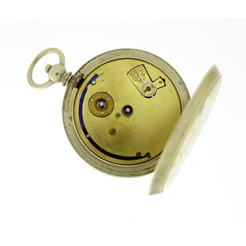 2591 - Three gentleman's open face pocket watches and a watch chain including one silver, the largest 5.5cm... 