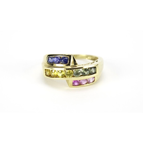 2596 - 9ct gold multi gem crossover ring, size M, 3.0g