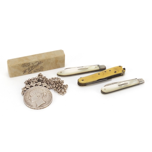 2513 - Objects including two silver and mother of pearl folding pocket knives and a Victorian 1844 silver c... 