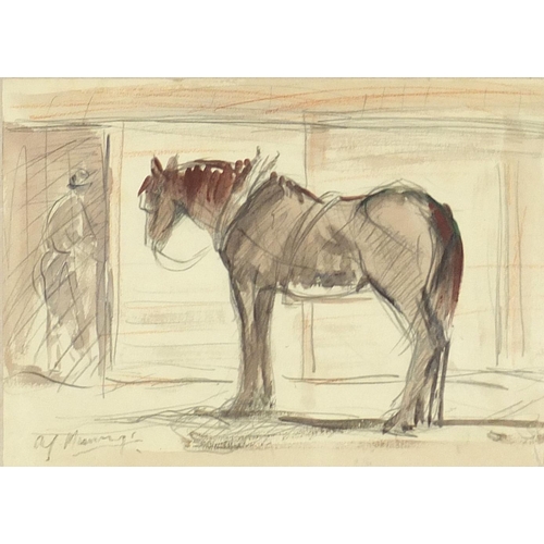 2193 - Horse in a stable, mixed media on paper, bearing an indistinct signature M M..., framed, 22.5cm x 16... 