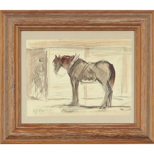 2193 - Horse in a stable, mixed media on paper, bearing an indistinct signature M M..., framed, 22.5cm x 16... 