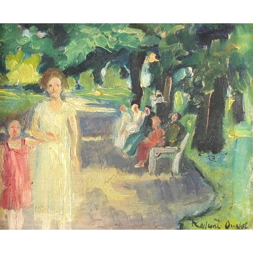 2194 - Figures in a park, oil on board, bearing an indistinct signature, mounted and framed, 18.5cm x 15cm
