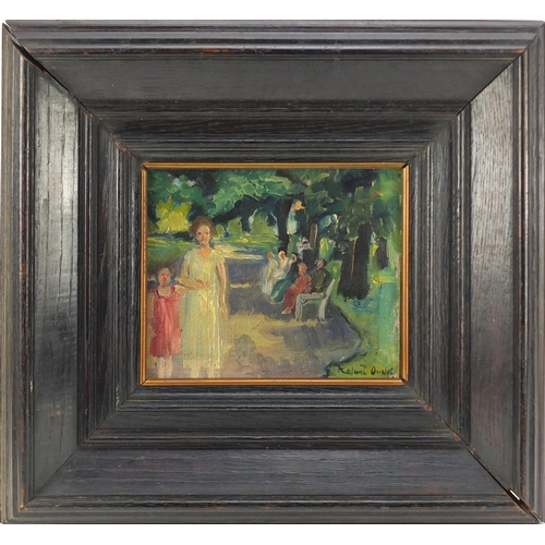 2194 - Figures in a park, oil on board, bearing an indistinct signature, mounted and framed, 18.5cm x 15cm
