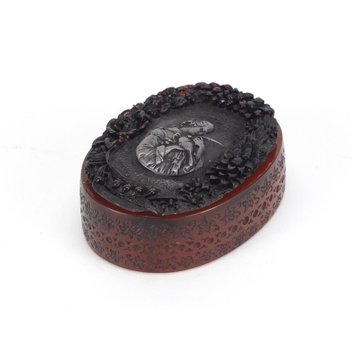2417 - French pressed snuff box, the lift off lid decorated with a female holding a bird, signed to the bas... 