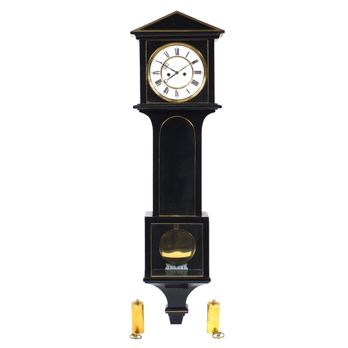 2356 - Ebonised regulator wall clock the enamelled dial with Roman numerals, 102cm high