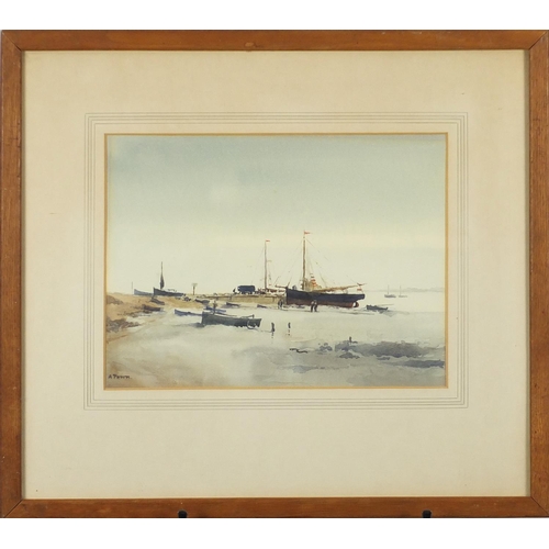 132 - A Penn - Moored boats, The Quay Ramsholt, mounted and framed