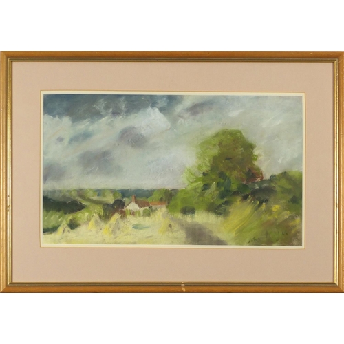 138 - Hay bales before cottages, pastel, bearing an indistinct signature,  mounted and framed, 47cm x 27cm