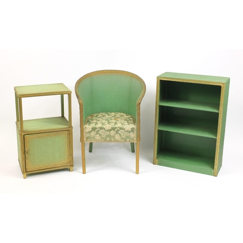 160 - Lloyd Loom style tub chair, bedside cupboard and bookcase, the largest 76cm high